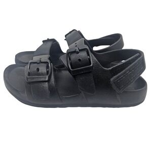 Kids Black EVA Double Strap Sandals Adjustable Buckle Hook Loop Size 11